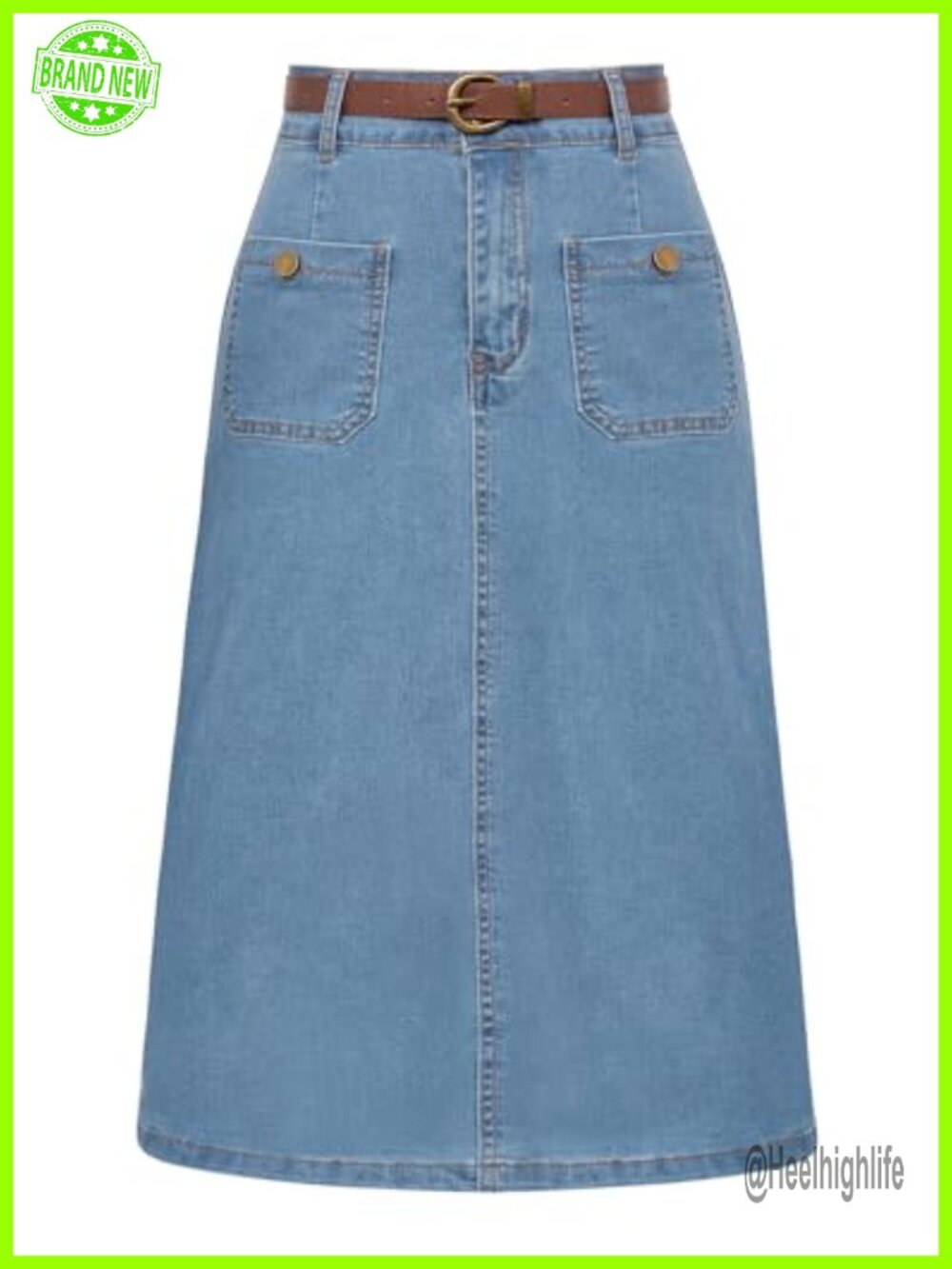 High Waisted Denim Pencil Skirt Below Knee with Belt Slit